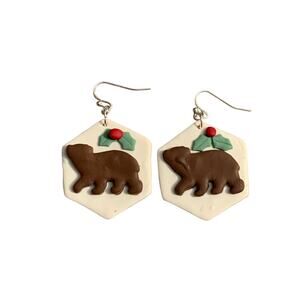 Brown Bear & Holly Christmas Earrings - Handmade, Polymer Clay